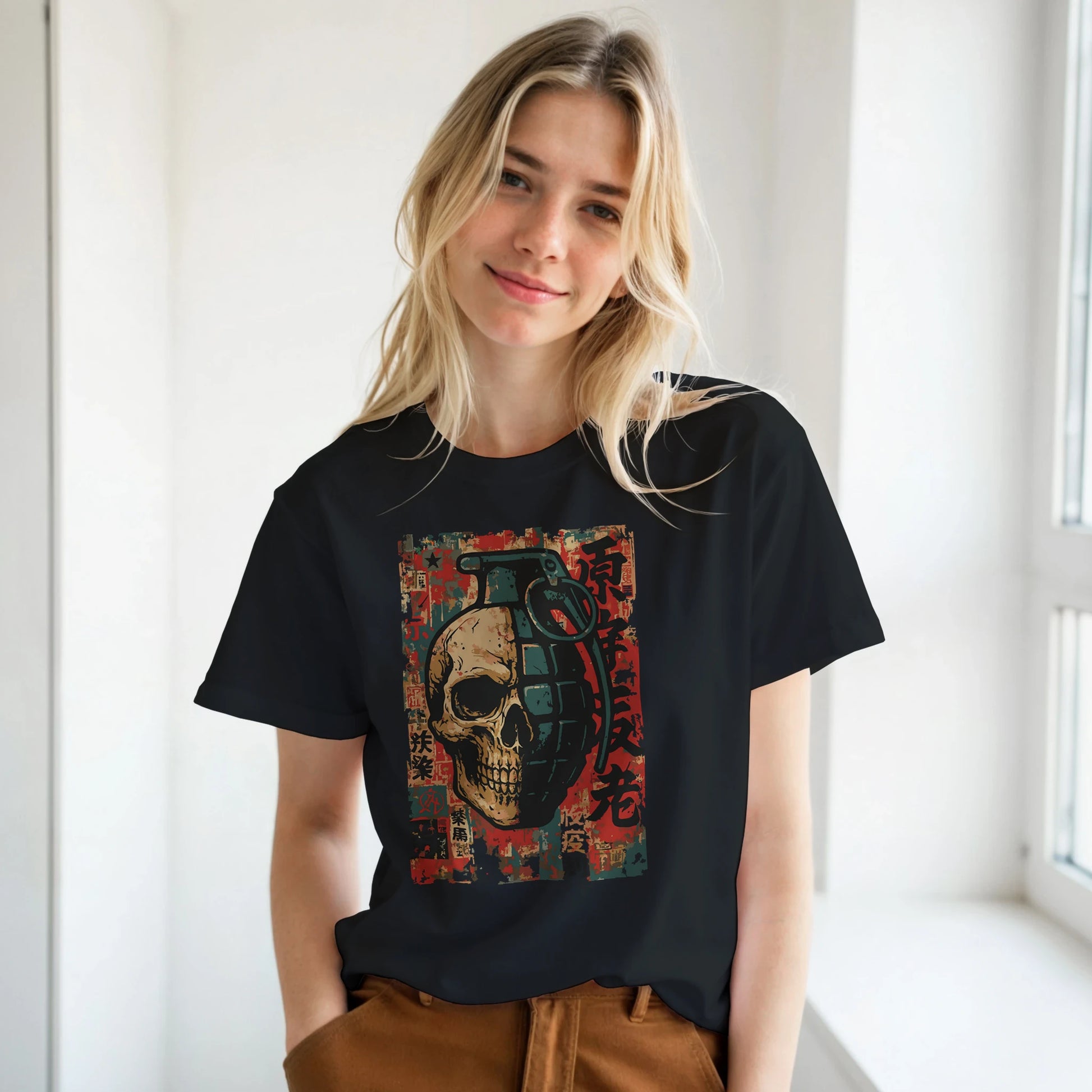 Skull Grenade design on black T-shirt with half skull half grenade and distressed graffiti background