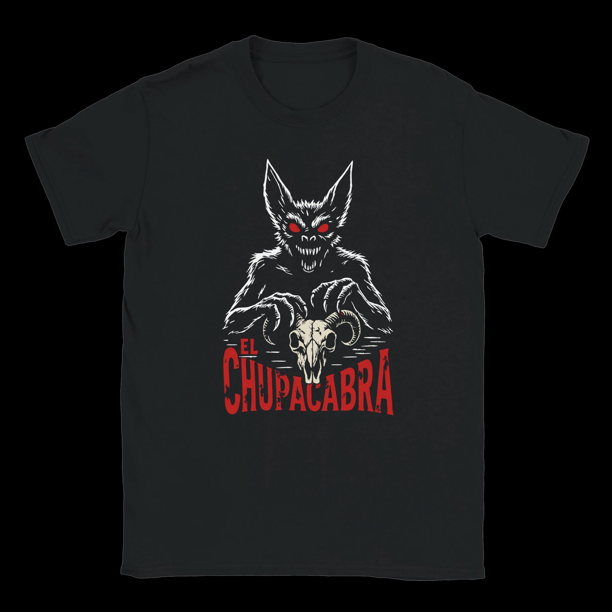 Chupacabra monster with red eyes and claws over ram skull and horror-style red text on black t-shirt