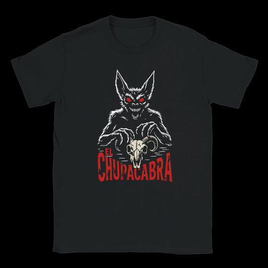 Chupacabra monster with red eyes and claws over ram skull and horror-style red text on black t-shirt