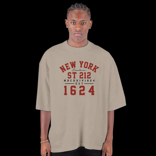Empire Born 1624 New York Legacy design in red text on a oatmeal T-shirt