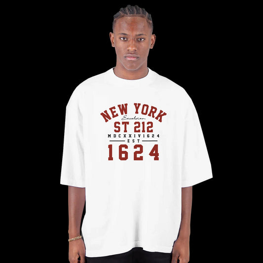Empire Born 1624 New York Legacy design in red text on a white T-shirt