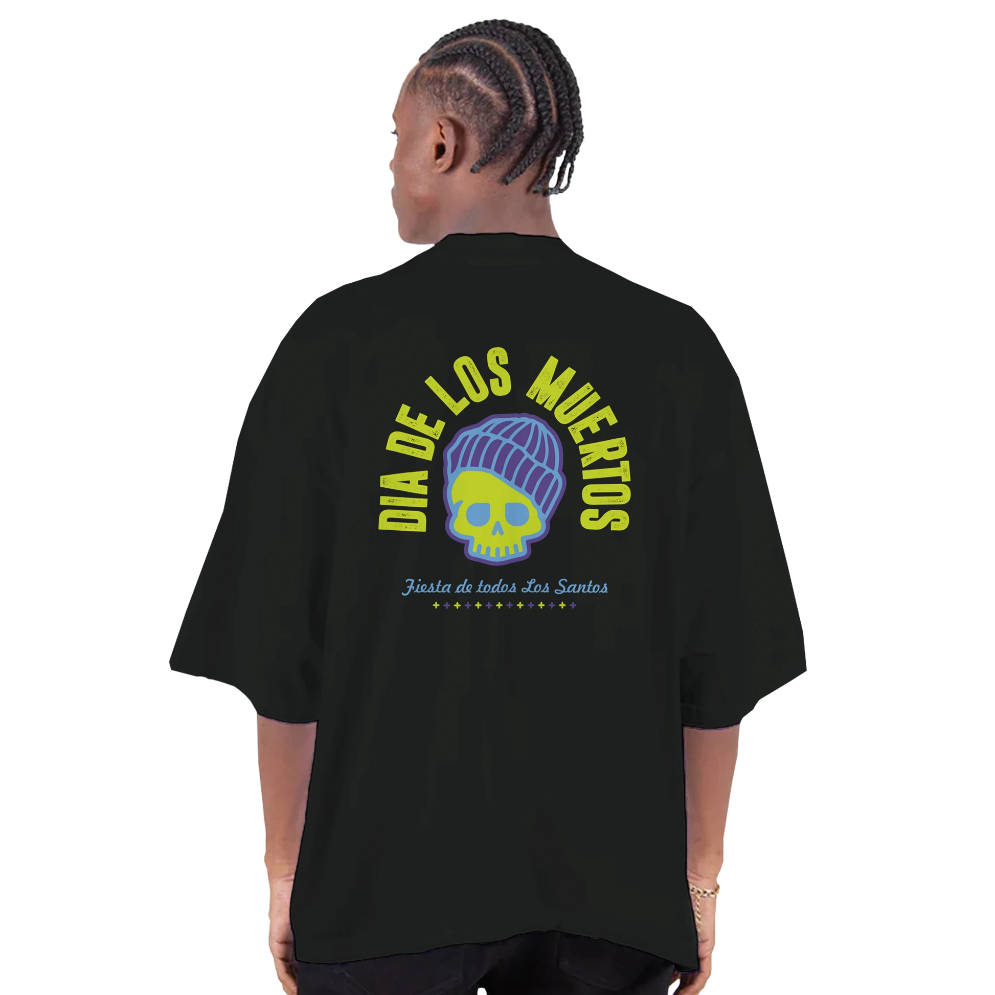Eternal Fiesta Dia de los Muertos Skull black T-shirt with neon green and purple skull graphic design back

