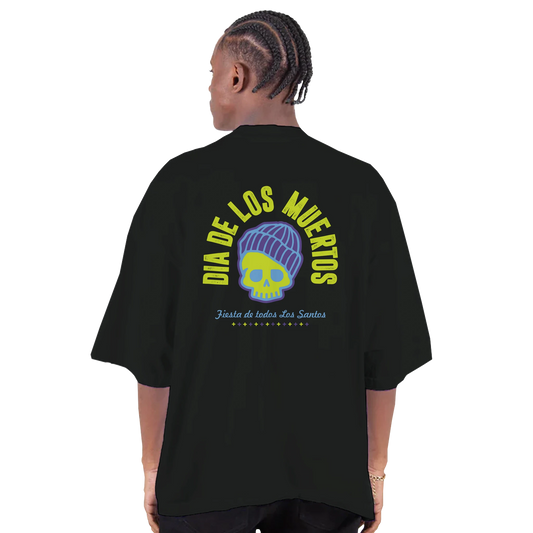 Eternal Fiesta Dia de los Muertos Skull black T-shirt with neon green and purple skull graphic design back
