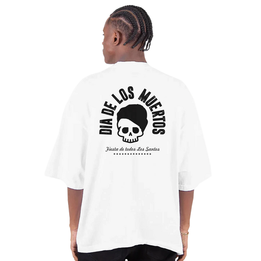 Fiesta de todos Los Santos white T-shirt with minimalist black skull graphic design back