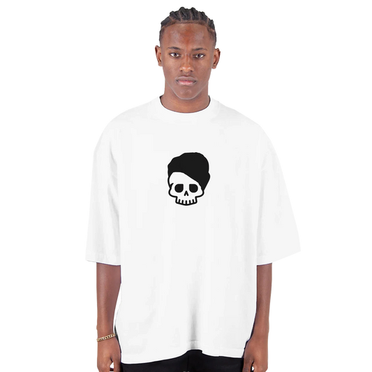 Fiesta de todos Los Santos white T-shirt with minimalist black skull graphic design front
