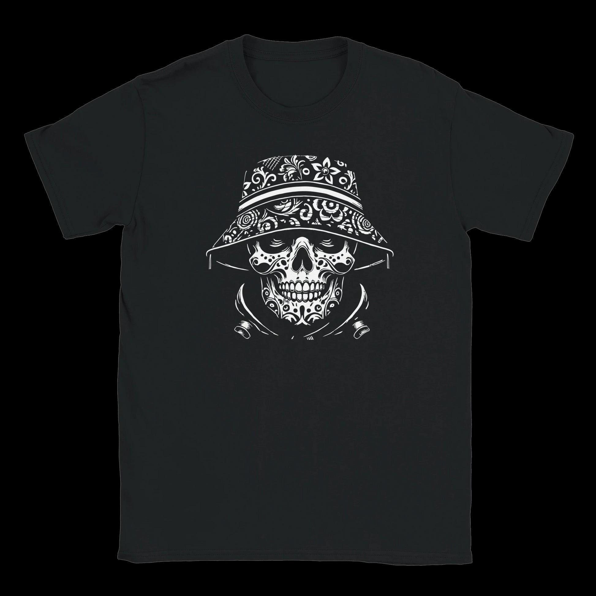 Ornate skull with floral bucket hat and sugar skull detailing on black t-shirt