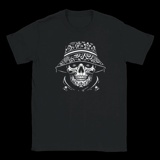 Ornate skull with floral bucket hat and sugar skull detailing on black t-shirt