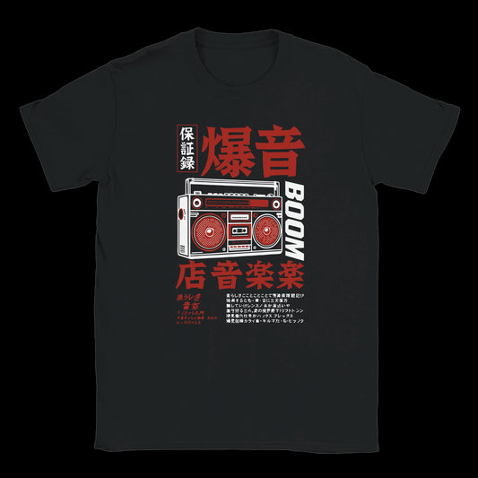 Frequencies of Fury Sonic Riot boombox design in red and white on a black T-shirt