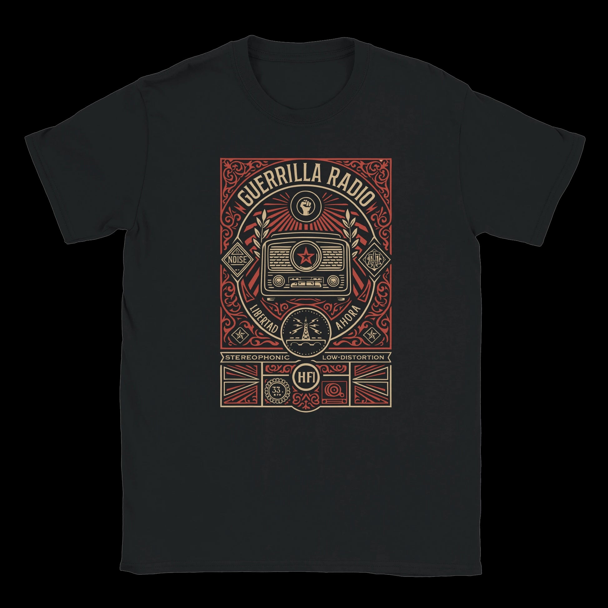 Retro protest radio design with star, raised fist, and bold red typography on black t-shirt