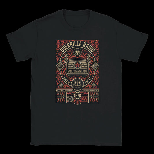 Retro protest radio design with star, raised fist, and bold red typography on black t-shirt