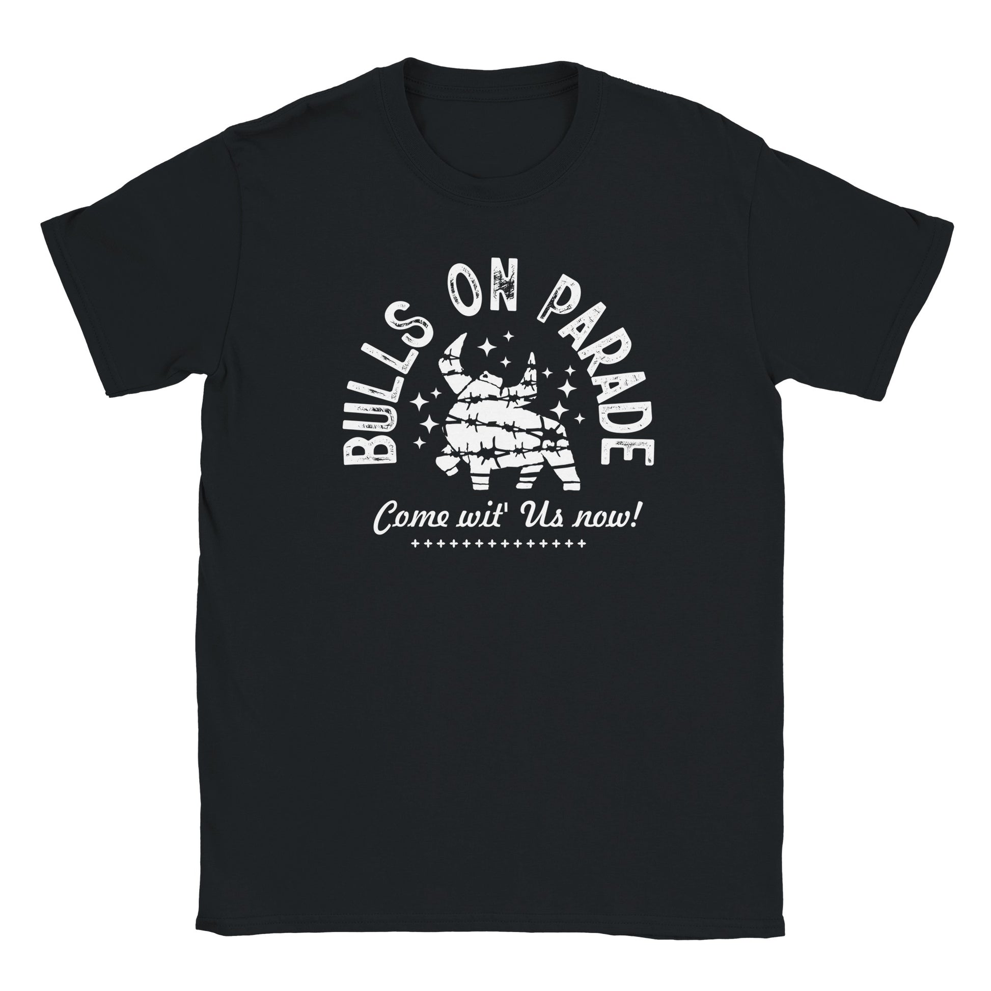 Barbed wire bull illustration with Bulls On Parade and Come wit' Us now text on black t-shirt
