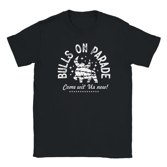 Barbed wire bull illustration with Bulls On Parade and Come wit' Us now text on black t-shirt