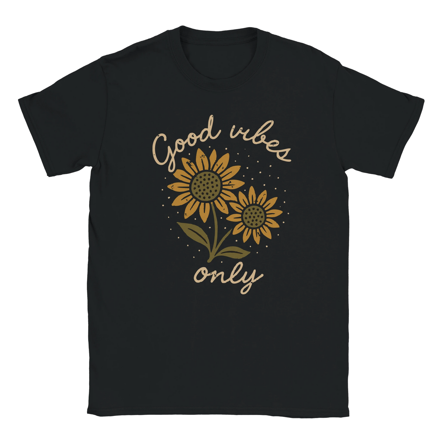 Black T-shirt with distressed sunflower illustration and handwritten Good Vibes Only text