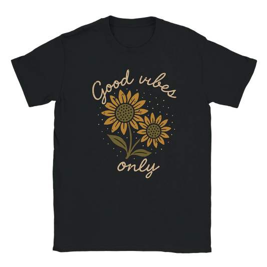 Black T-shirt with distressed sunflower illustration and handwritten Good Vibes Only text