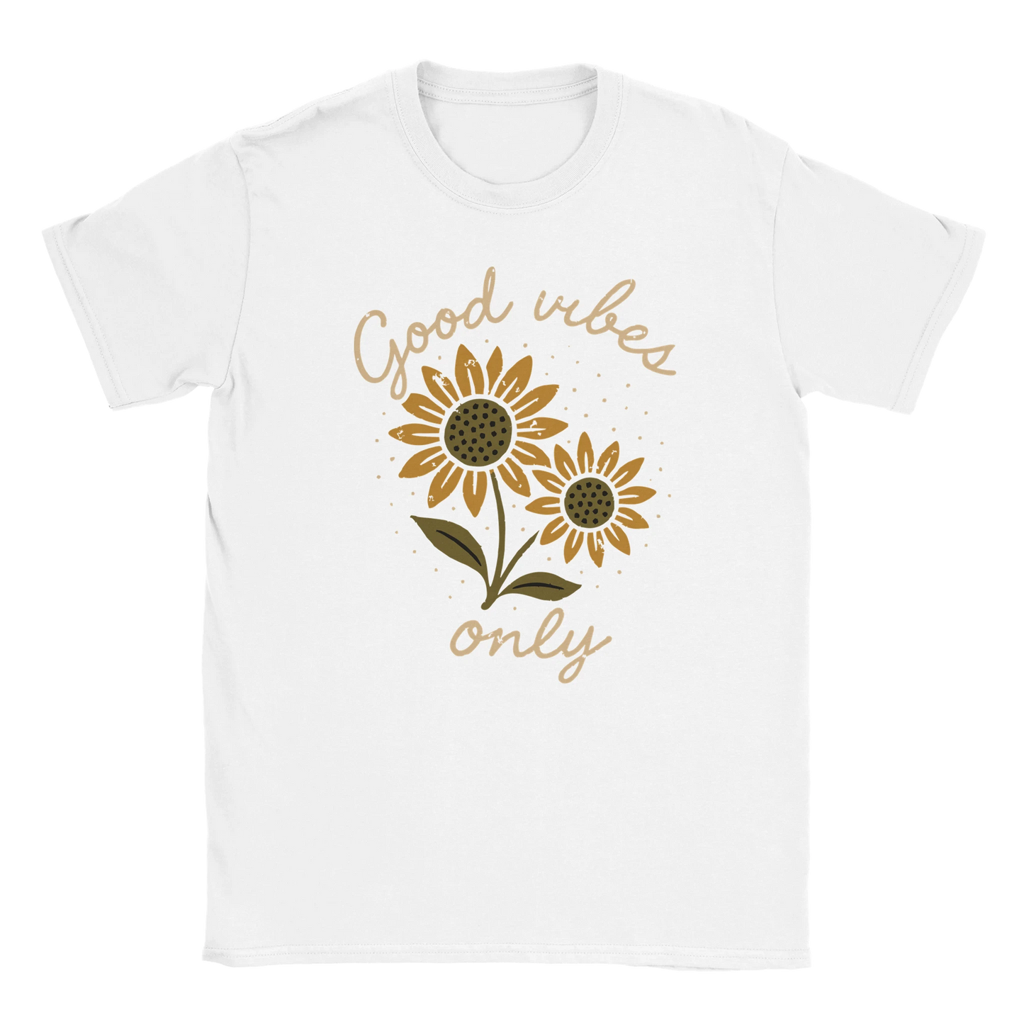 white T-shirt with distressed sunflower illustration and handwritten Good Vibes Only text