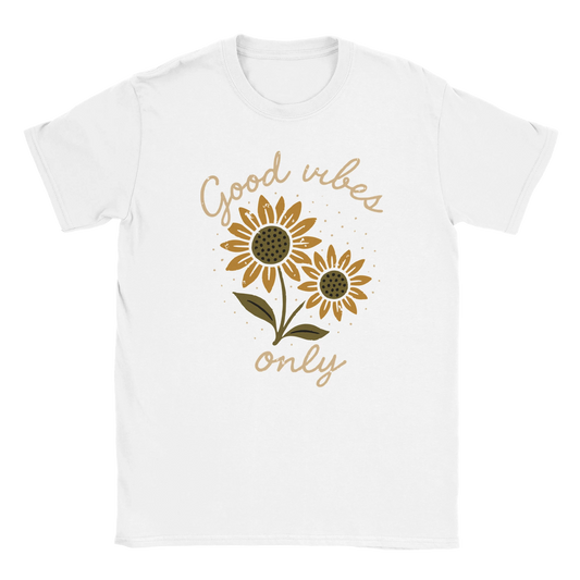 white T-shirt with distressed sunflower illustration and handwritten Good Vibes Only text