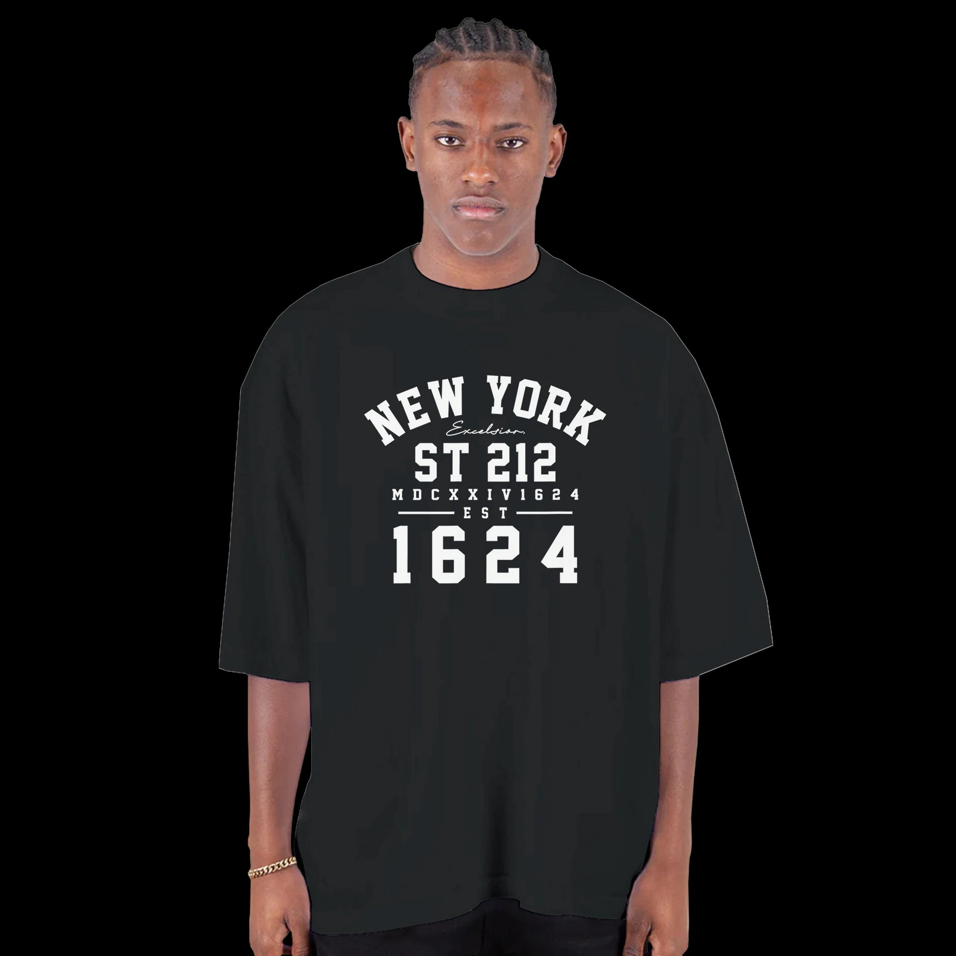Gotham 1624 New York varsity style white lettering design on a black T-shirt front