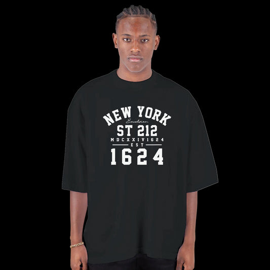 Gotham 1624 New York varsity style white lettering design on a black T-shirt front