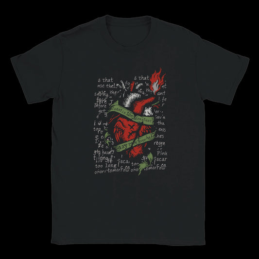 Flaming anatomical heart wrapped in green ribbon with Today Is the Greatest Day text on black t-shirt