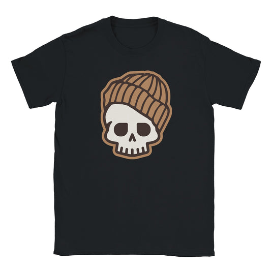 Minimal skull graphic with brown beanie illustration on black t-shirt