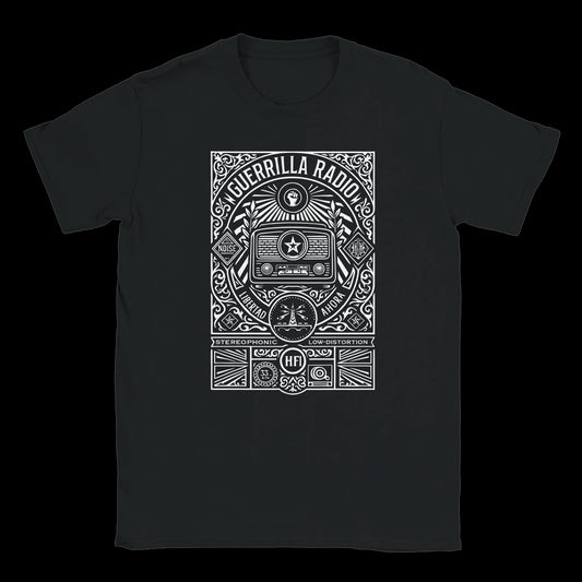 Intricate black and white design featuring vintage radio, power fist, and text Guerrilla Radio Libertad Ahora on black t-shirt