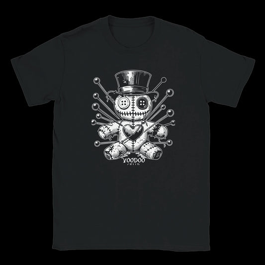 Black T-shirt featuring a stitched voodoo doll in a top hat with ritual pins and heart embroidery
