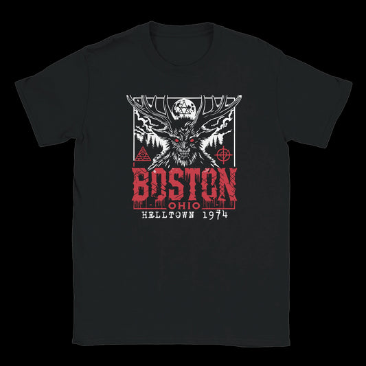 Black T-shirt with red-eyed antlered cryptid, ritual symbols, and bold Boston Ohio Helltown 1974 design