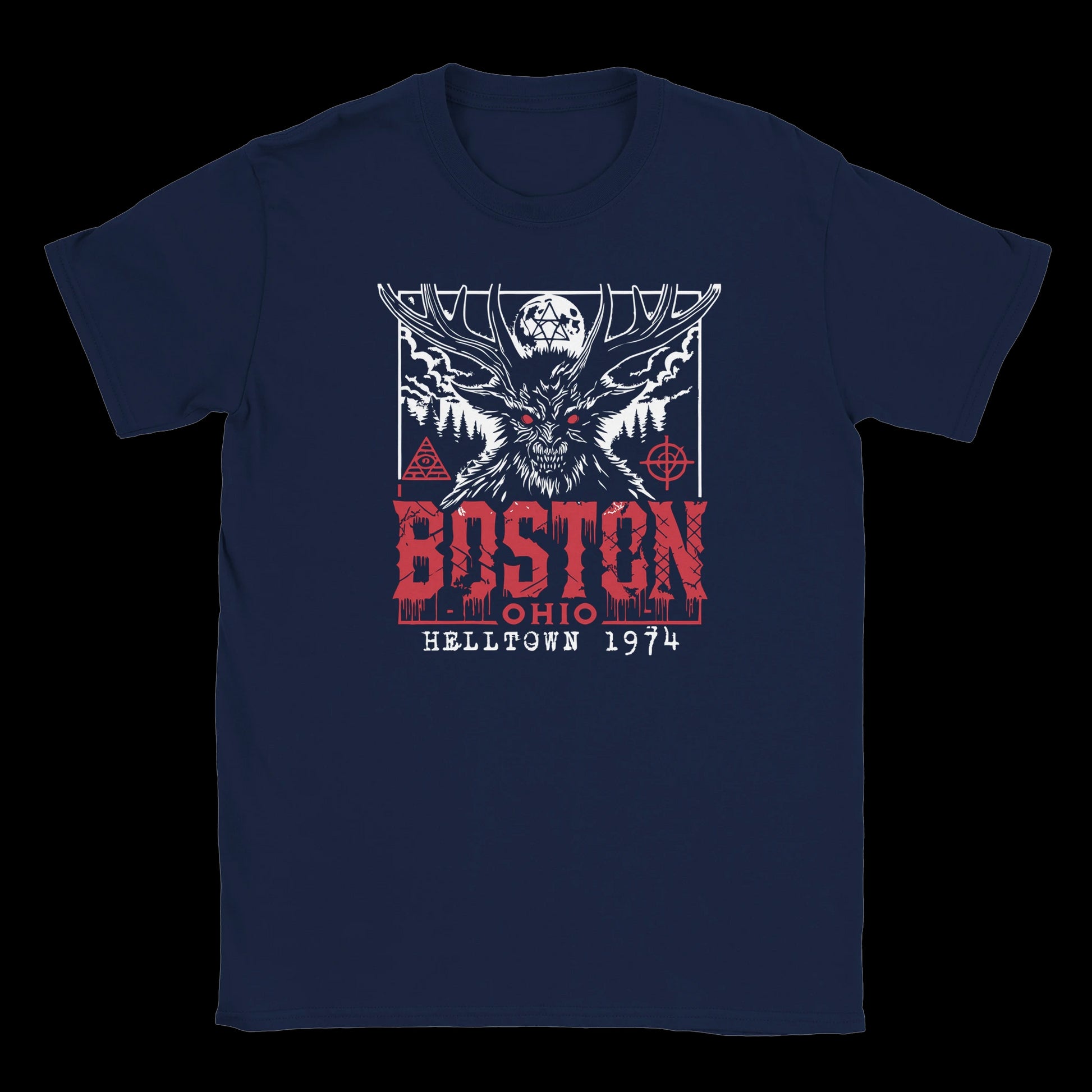 navy T-shirt with red-eyed antlered cryptid, ritual symbols, and bold Boston Ohio Helltown 1974 design