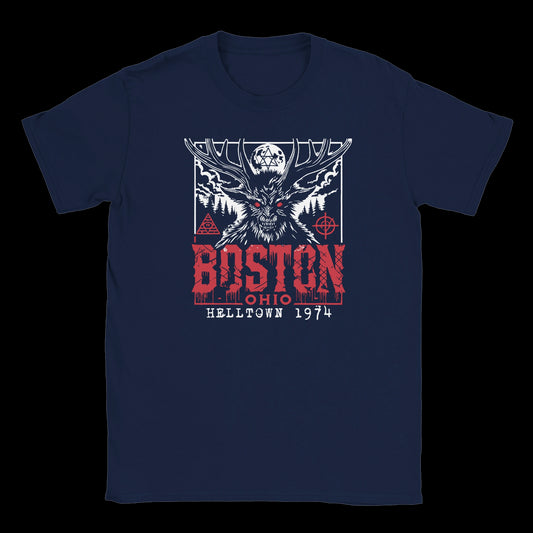 navy T-shirt with red-eyed antlered cryptid, ritual symbols, and bold Boston Ohio Helltown 1974 design