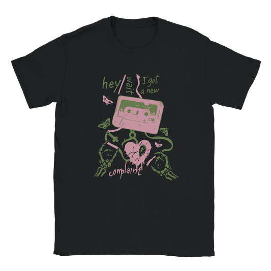 Black oversized streetwear T-shirt with Hey Wait Cassette graphic featuring cassette tape, skeleton hands, and grunge design