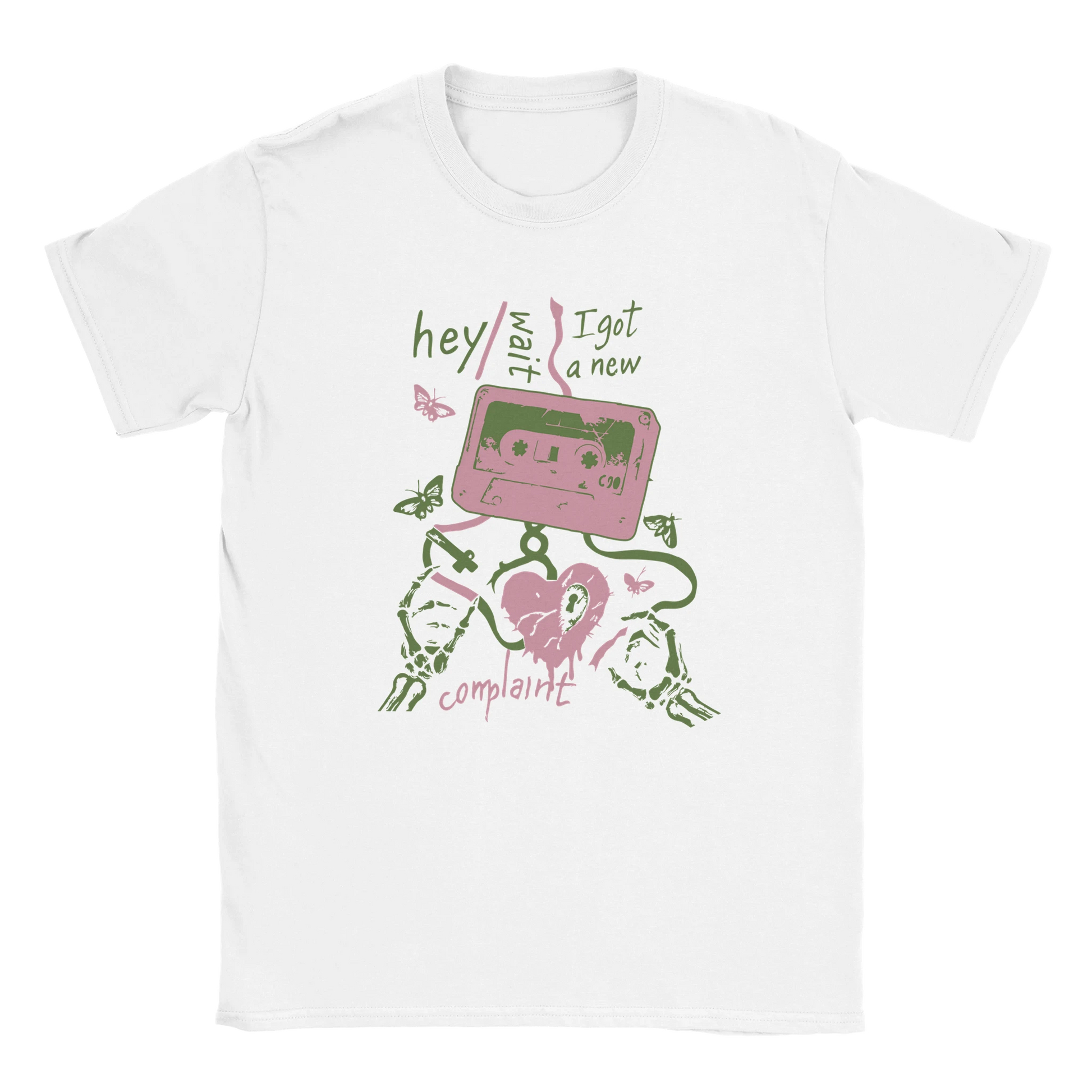 Black oversized streetwear T-shirt with Hey Wait Cassette graphic featuring cassette tape, skeleton hands, and grunge design