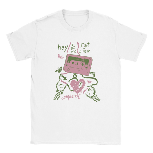 Black oversized streetwear T-shirt with Hey Wait Cassette graphic featuring cassette tape, skeleton hands, and grunge design