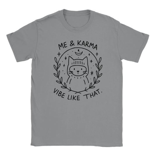 Grey T-shirt with cat wearing beanie and cosmic moon design, text reading Me & Karma Vibe Like That