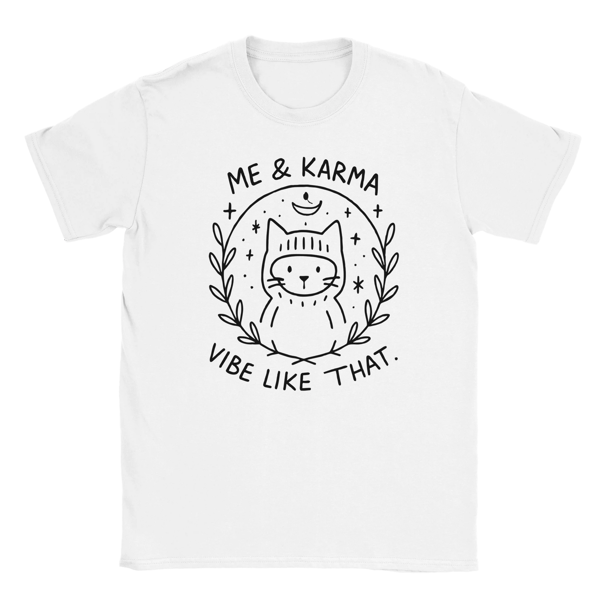 White T-shirt with cat wearing beanie and cosmic moon design, text reading Me & Karma Vibe Like That