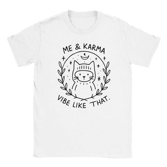 White T-shirt with cat wearing beanie and cosmic moon design, text reading Me & Karma Vibe Like That