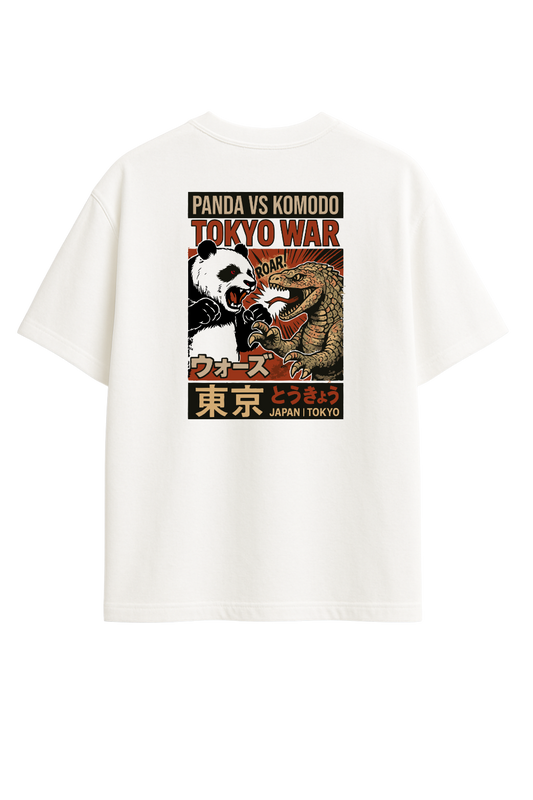 White T-shirt featuring vertical Tokyo text in Japanese and English with bold brown and black lettering front