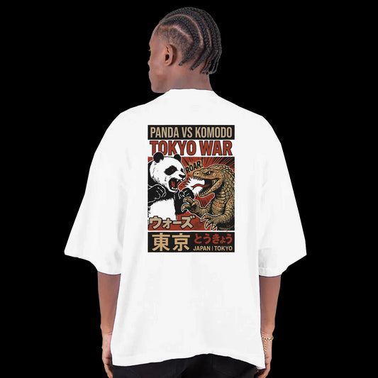 White T-shirt featuring vertical Tokyo text in Japanese and English with bold brown and black lettering back