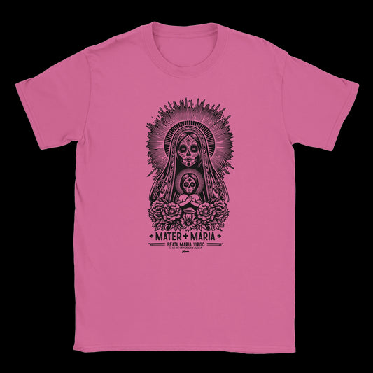 Pink T-shirt featuring sacred Virgin and Child with skull faces, floral details, and gothic sunburst halo
