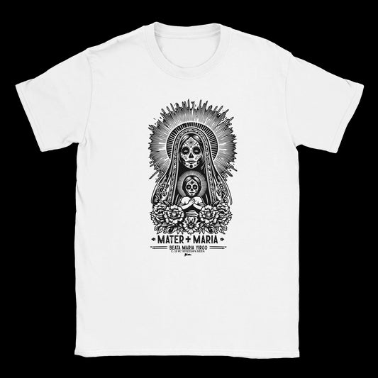 White T-shirt featuring sacred Virgin and Child with skull faces, floral details, and gothic sunburst halo
