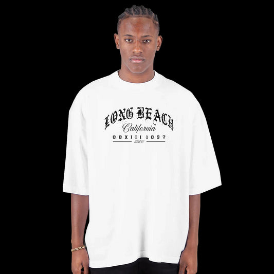 LBC Legacy West Coast Pride gothic script lettering design in black on a white T-shirt front