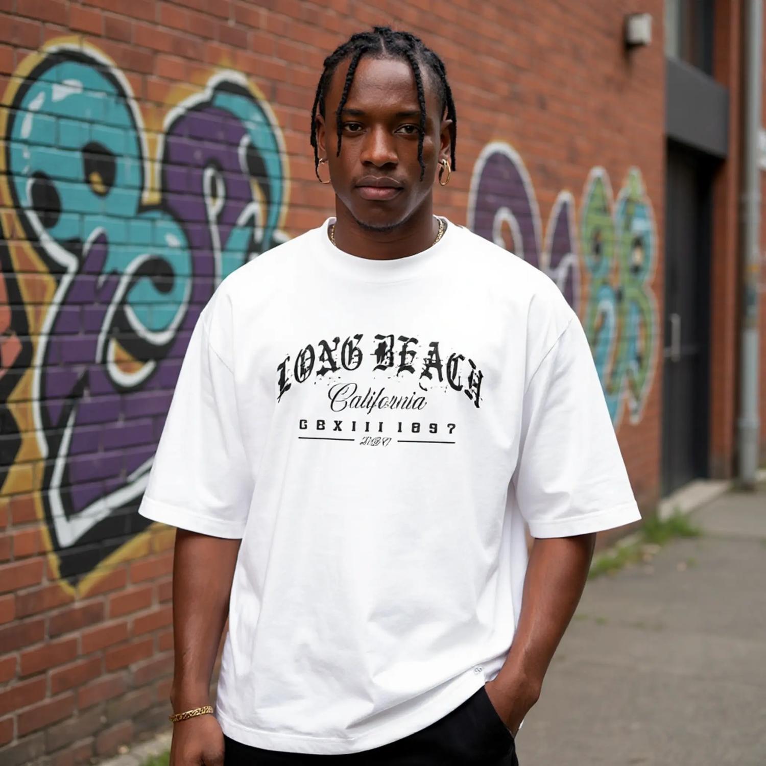 LBC Legacy West Coast Pride gothic script lettering design in black on a white T-shirt model