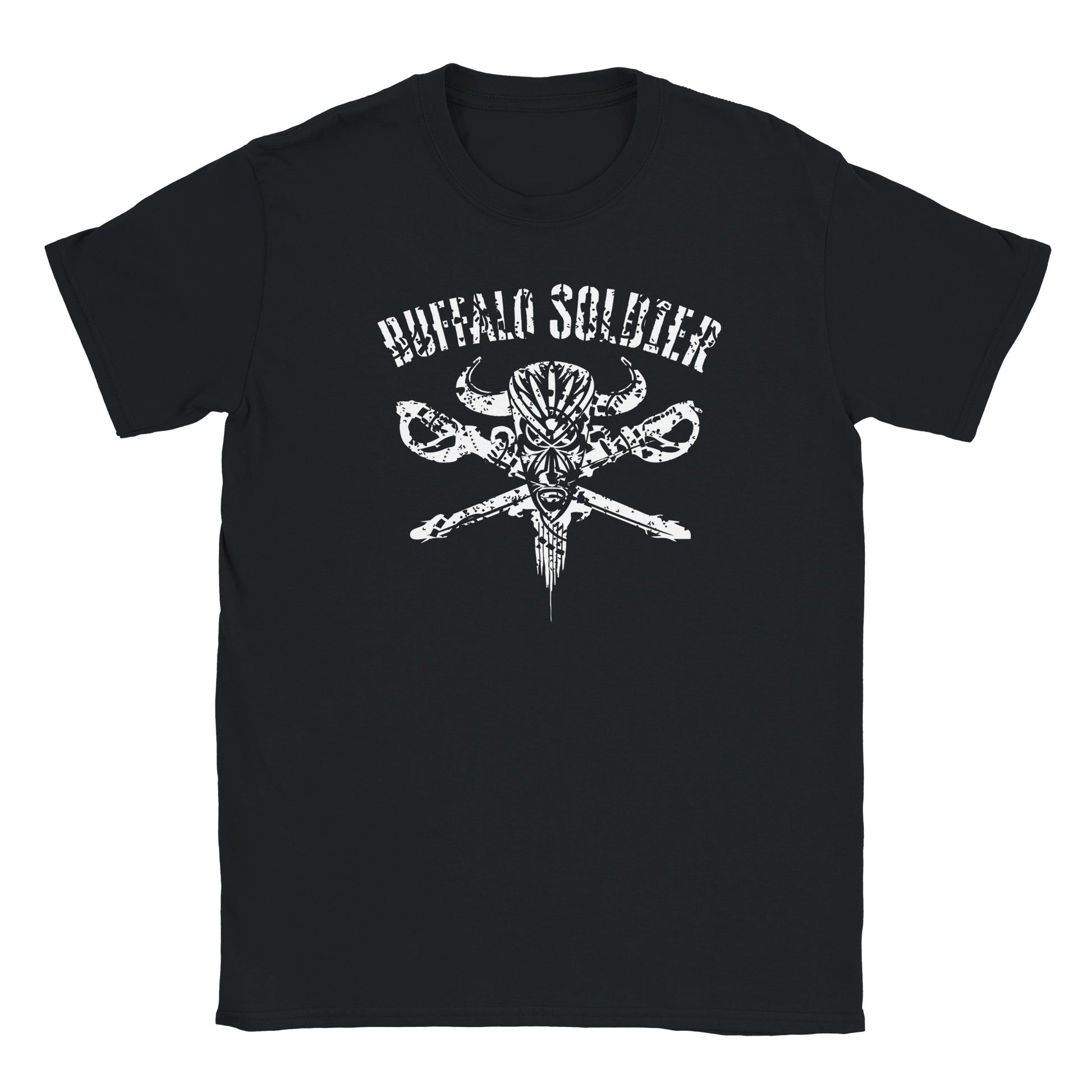 Black T-shirt with distressed Buffalo Soldier text, tribal mask, crossed rifles, and buffalo horn graphic