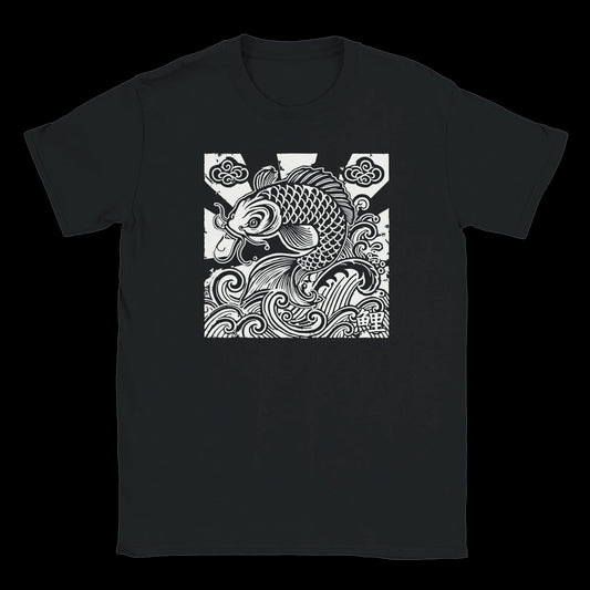 hand-drawn black and white koi fish leaping through waves in traditional Japanese style
