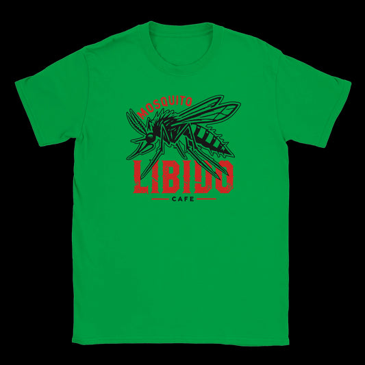 Mosquito Libido Café graphic with bold insect illustration and red distressed text on green streetwear tee