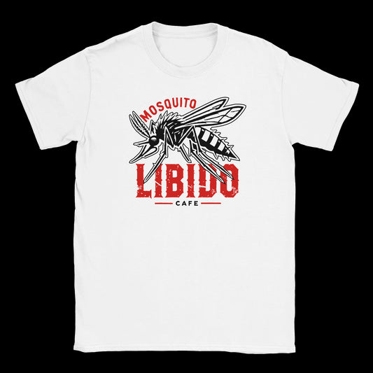 Mosquito Libido Café graphic with bold insect illustration and red distressed text on white streetwear tee
