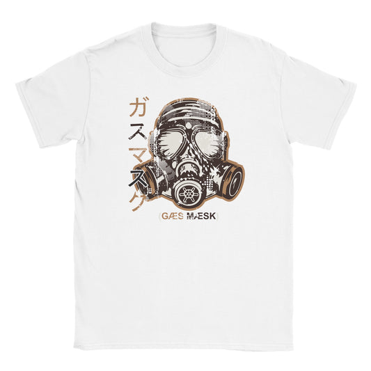 Gas mask graphic with halftone shading and Japanese text on white GÆS MÆSK streetwear tee