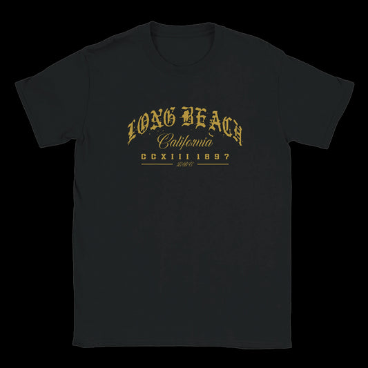 Long Beach State of Mind gothic gold lettering California design on a black T-shirt