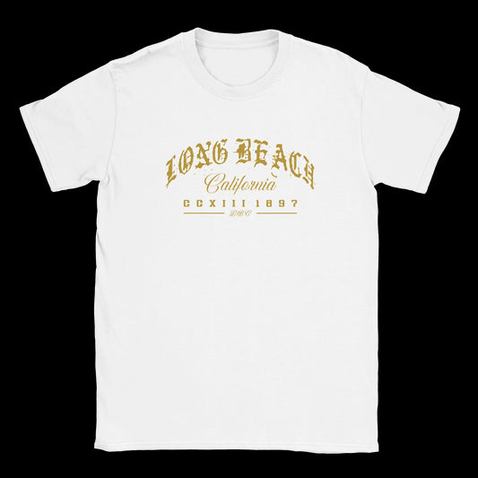 Long Beach State of Mind gothic gold lettering California design on a white T-shirt