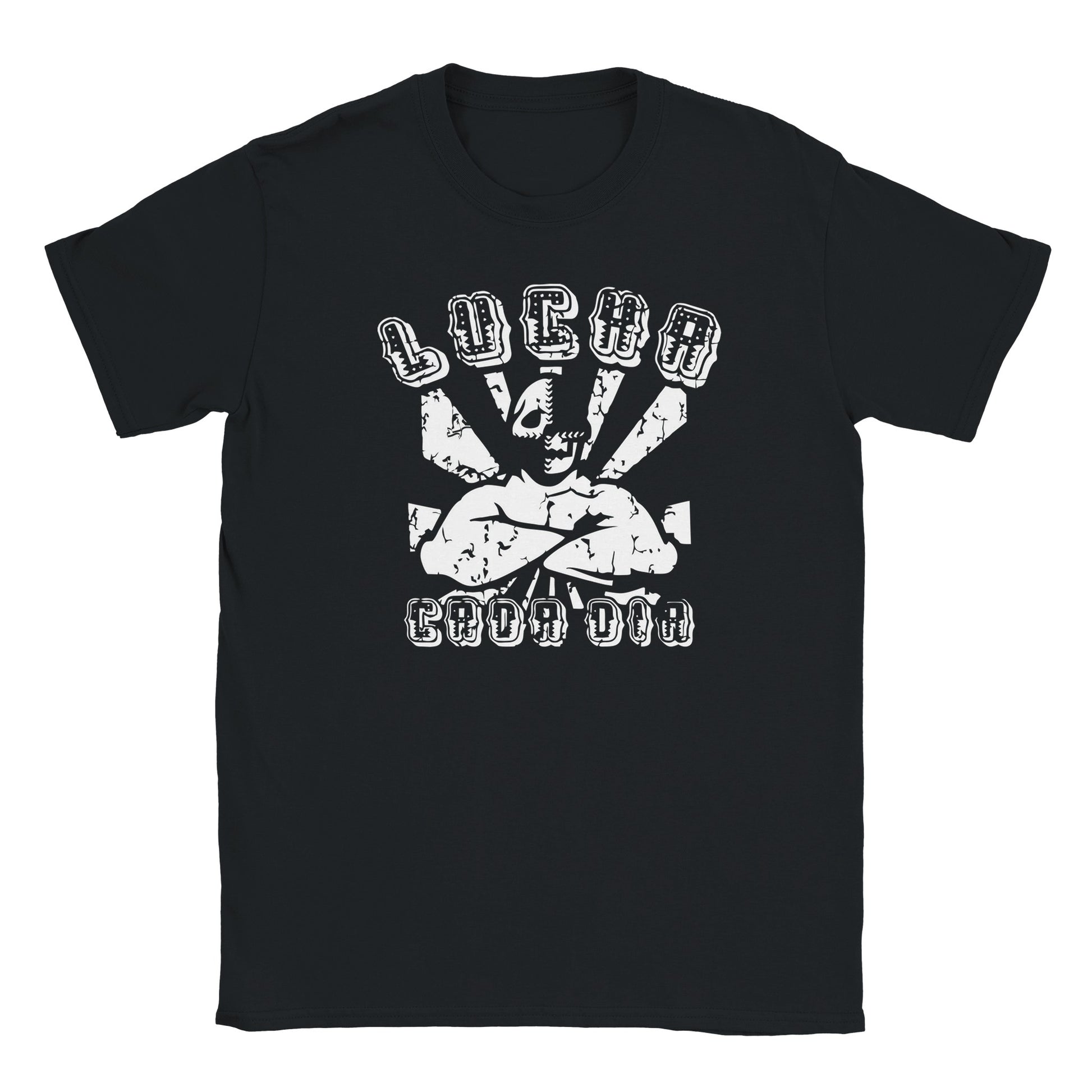 Cracked white lucha libre mask graphic with bold block text reading Lucha Cada Día on black streetwear tee