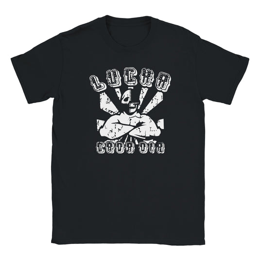 Cracked white lucha libre mask graphic with bold block text reading Lucha Cada Día on black streetwear tee